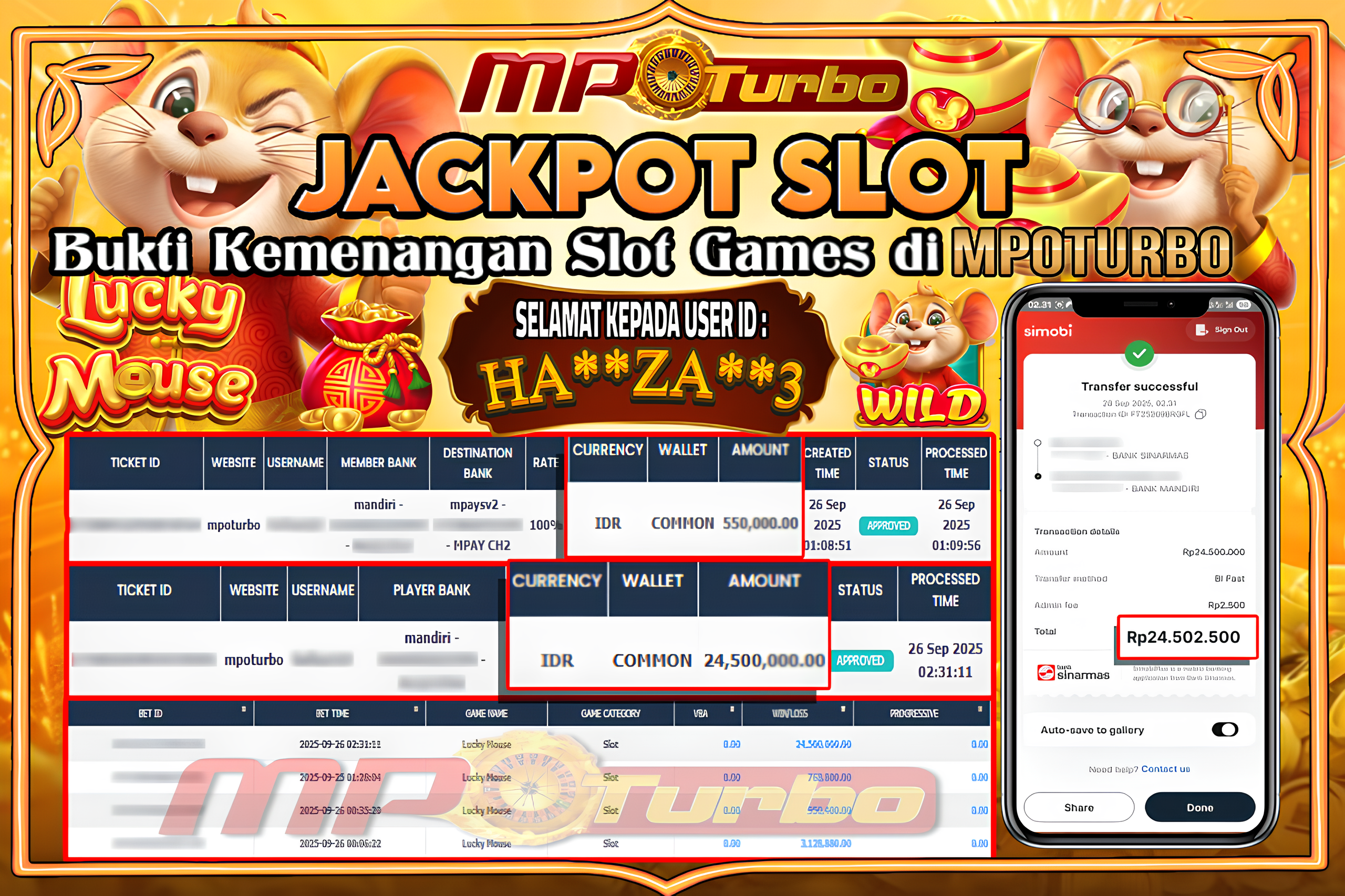 MPOTURBO JACKPOT SLOT LUCKY MOUSE - FAT PANDA Rp 24,500,000.00,- LUNAS